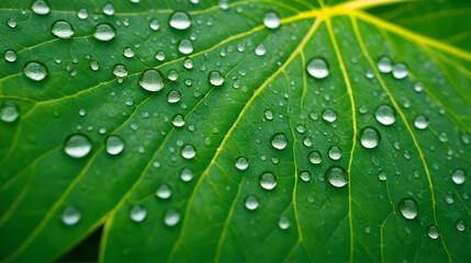 Close-up of a green leaf with droplets of water and intricate texture, capturing nature's details in macro