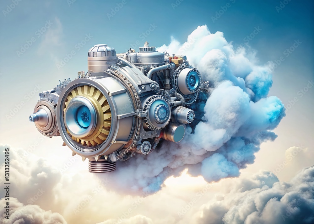 Poster futuristic cloud computing engine: abstract gears and clouds