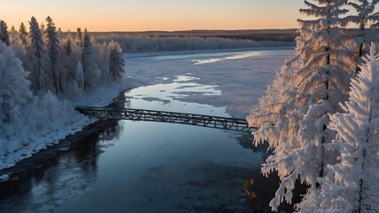 Frosty Sunrise on the Icy Bridge: A Glimmering Morning in Northern Quebec