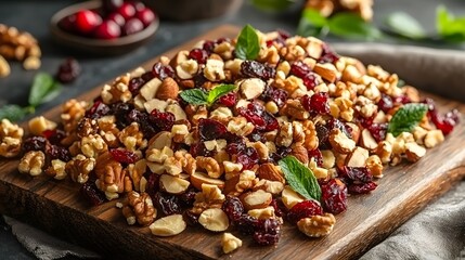 Fototapeta premium Delicious Trail Mix Almonds Walnuts Cranberries Healthy Snack Food