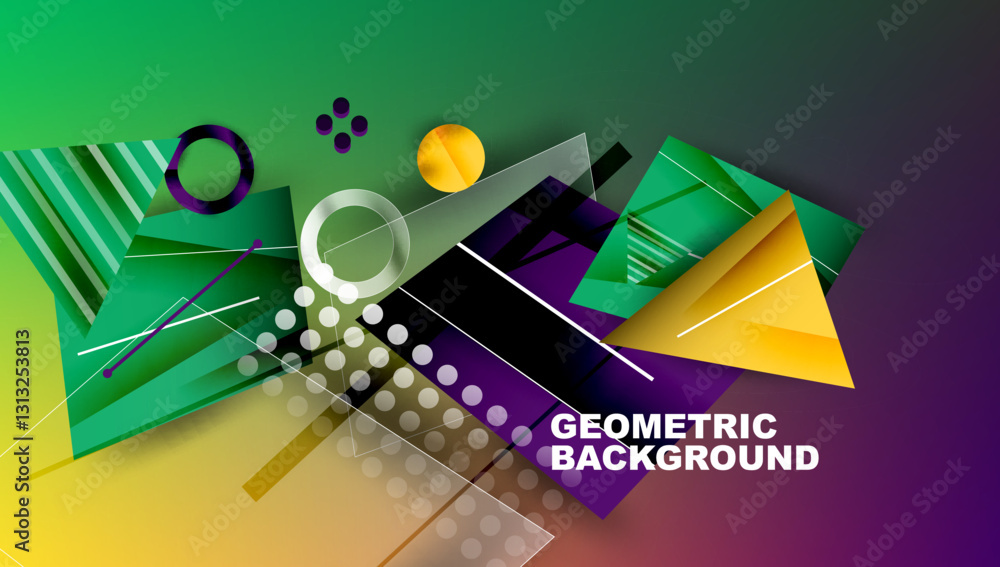 Poster Abstract background - overlapping circles, rectangles, and triangles with vibrant gradients. Semi-transparent shapes create depth and balance