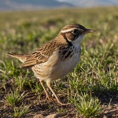 Fototapeta premium Lark Foraging on Grassy Plain with Mountain Backdrop