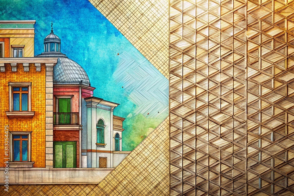 Aufkleber geometric architectural sketch on woven pattern background - abstract design
