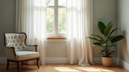 Closed Window with Curtains, Cozy room with wooden floor light spilling through slightly ajar window white lace curtains moving softly