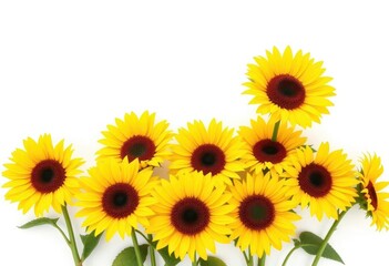 Obraz premium Bright yellow sunflowers isolated on pure white background, texture, yellow