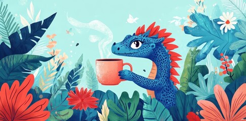 A friendly blue dragon enjoys a warm beverage amidst the foliage