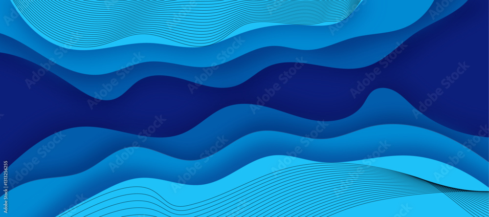 Poster abstract background with water waves in paper cut style. blue color layers with smooth shadow paperc