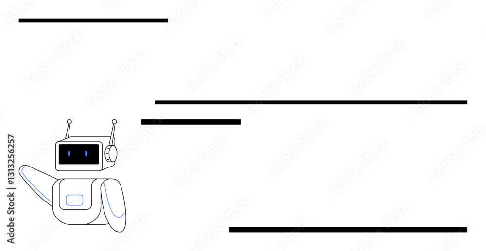 Poster cheerful robot with antennae waving while framed by horizontal lines conveys technology, ai interact