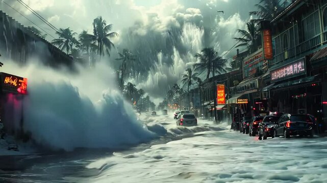 flood in the city. Tsunami natural disasters