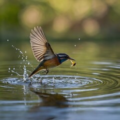 Fototapeta premium Old World Flycatcher Snapping Insect Over Tranquil Pond