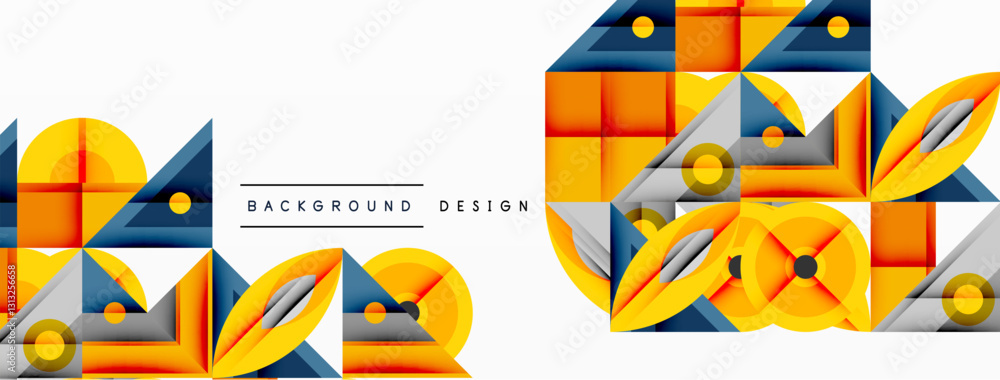 Poster Geometric abstract composition with intersecting shapes, circles, triangles, and gradients, blending vibrant colors and dynamic contrasts to create a modern, futuristic visual design