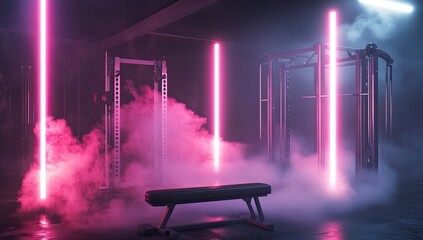 Neon Fitness Gym with Smoke and Equipment
