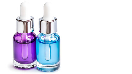 Naklejka premium Two elegant glass dropper bottles with purple and blue liquid, perfect for beauty product photography.