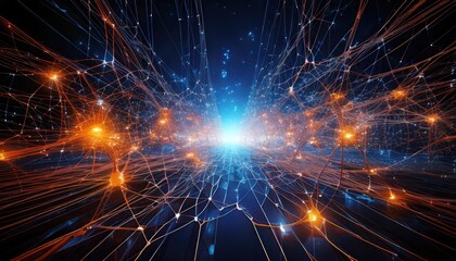 Obraz premium A stunning 3D visualization of an artificial neural network, glowing with vibrant energy in digital space.