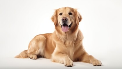 Obraz premium Happy cheerful Golden Retriever dog with friendly expression and tongue out lying down on white background. Playful, soft and well-groomed fur, lovable breed, affectionate.
