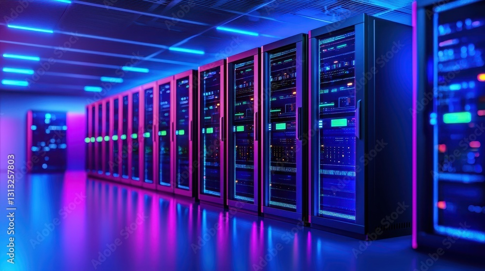 Poster futuristic data center with colorful neon lighting and server racks
