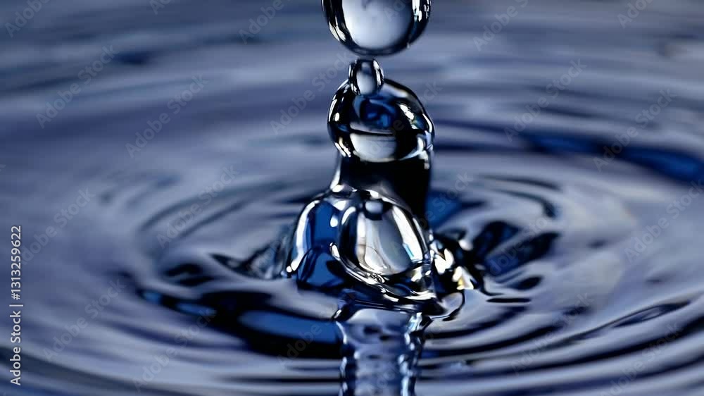 Poster close-up video of water droplets creating ripples on a reflective surface. captured from a low angle
