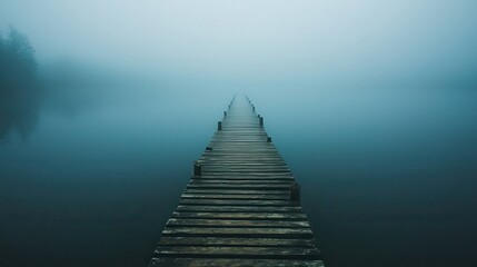 Obraz premium Foggy Serene Wooden Pier Leading into Mystical Tranquil Water