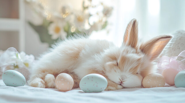 Cute little bunny sleeping next to Easter eggs