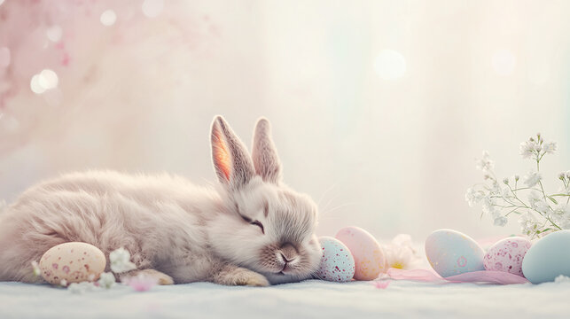 Cute little bunny sleeping next to Easter eggs