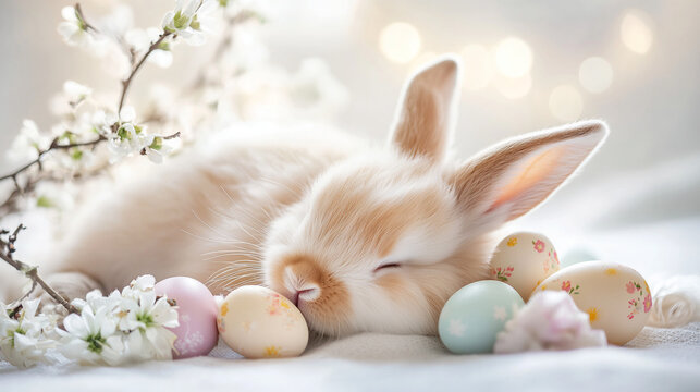 Cute little bunny sleeping next to Easter eggs