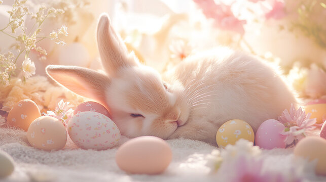 Cute little bunny sleeping next to Easter eggs