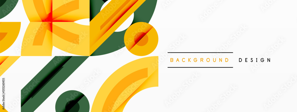Poster Abstract geometric background with shapes, featuring circular and rounded elements. Bold contrast, smooth gradients, dynamic composition, futuristic style