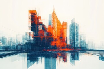 Fototapeta premium Abstract city skyline, orange and blue hues, wireframe style. Ideal for tech, urban development, or futuristic concepts.