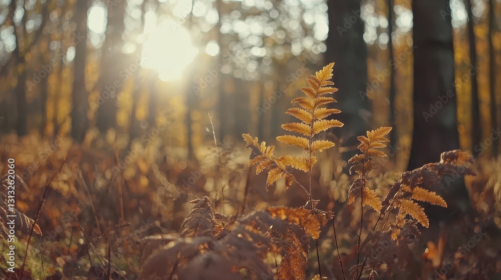 Poster sunlight filtering through trees in autumn forest with ferns