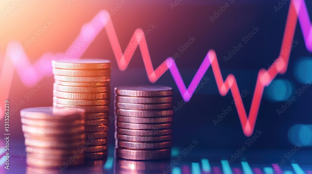 Poster a close-up of stacked coins with a rising graph in the background, symbolizing financial growth and 