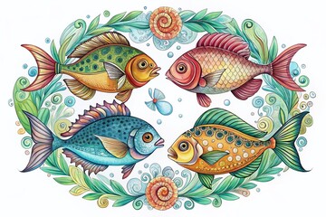 Fototapeta premium Hand-Drawn Fish Illustrations in Decorative Circles: Seafood Menu Design Elements