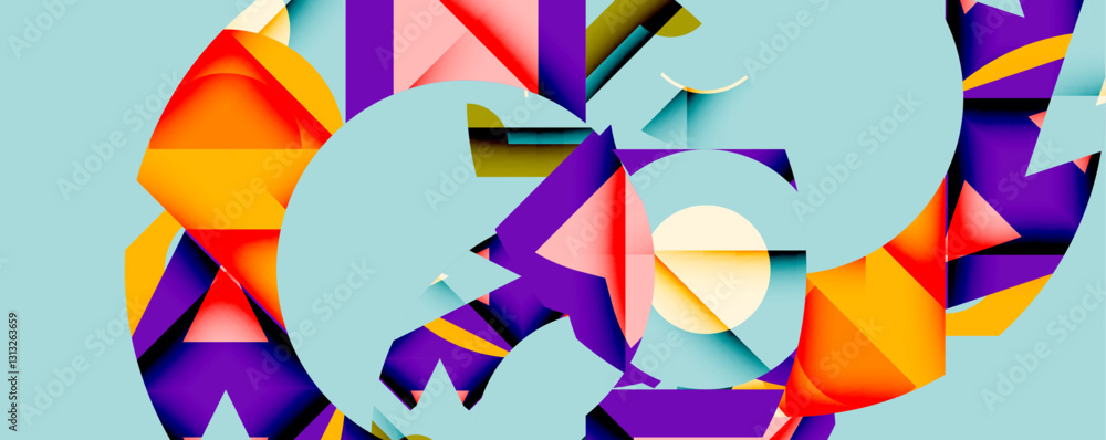 Poster Abstract geometric composition with interlocking circular and angular shapes, featuring smooth gradients and sharp contrasts on a white background