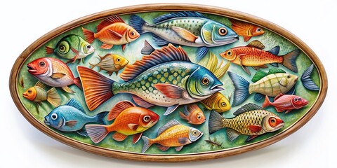Fototapeta premium Hand-Painted Fish Names in Decorative Circle: Whimsical Underwater Stock Photo