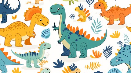 Seamless vector pattern of cute dinosaurs for childrens products playful colors