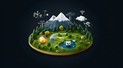 Isometric 3D Render: Mountain Landscape with Drone Technology Integration AI Generated