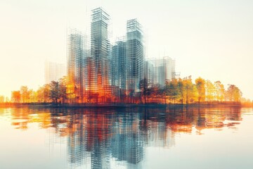 Obraz premium Wireframe city skyline reflected in calm water, autumn trees. Illustrates urban development, nature integration, or architectural design concepts.