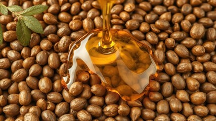 Golden argan oil cascades over rich brown argan seeds, natural beauty, skincare, natural ingredient
