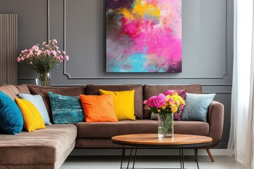 Colorful living room sectional with abstract art and flowers
