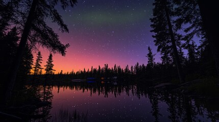 Naklejka premium The tent stands still, surrounded by the bright aurora, the warm lights from the tent, and the cold glow of the aurora against each other, creating a dreamlike and peaceful atmosphere.