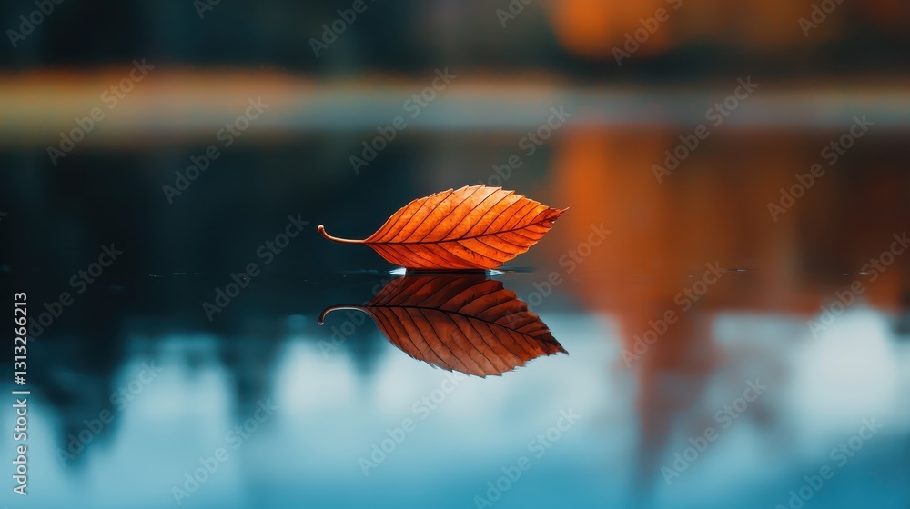 Poster orange leaf floating on calm water creating mirror reflection
