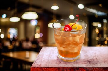 Tasty alcohol cocktail on desk in bar