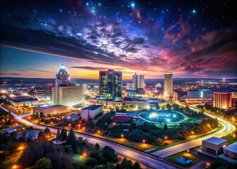 Fototapeta premium Huntsville Alabama Night Cityscape Drone View - Panoramic Aerial Photography
