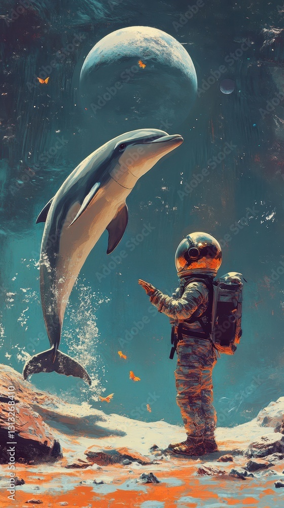 Poster an astronaut interacting with a large dolphin in outer space