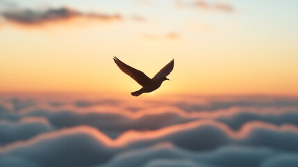 Naklejka premium A majestic bird soaring over soft clouds during a stunning sunset, capturing the beauty and freedom of nature. The colors of the sky blend seamlessly, creating a tranquil scene.
