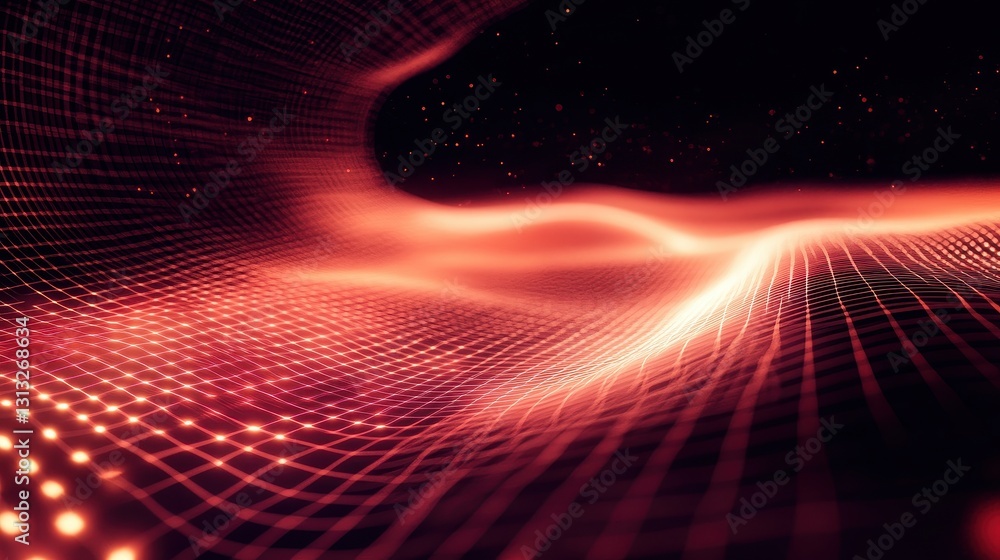 Poster abstract red grid wave, glowing, dark background. ideal for tech, network, or data visualization pro