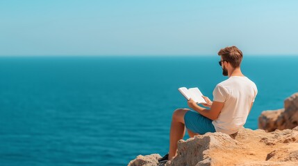 A man enjoys a peaceful moment reading a book by the ocean. The serene landscape offers a perfect escape, combining leisure and nature for a refreshing experience.