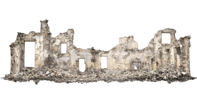 Ruined building with rubble isolated on transparent background