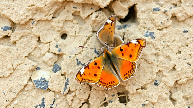 Menage et trois anyone? The small butterfly called the Large Salmon Arab Butterfly scientific name Colotis fausta Butterfly, mating on a rock wall in Israel.