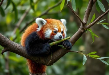 A red panda perched on a tree branch, delicately consuming bamboo, wildlife photography, climbing