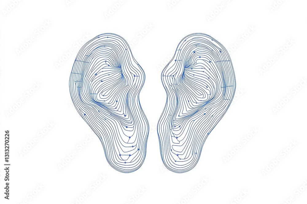 Poster 3D line icon showing ear shape recognition for identifying biometric traits on white background.